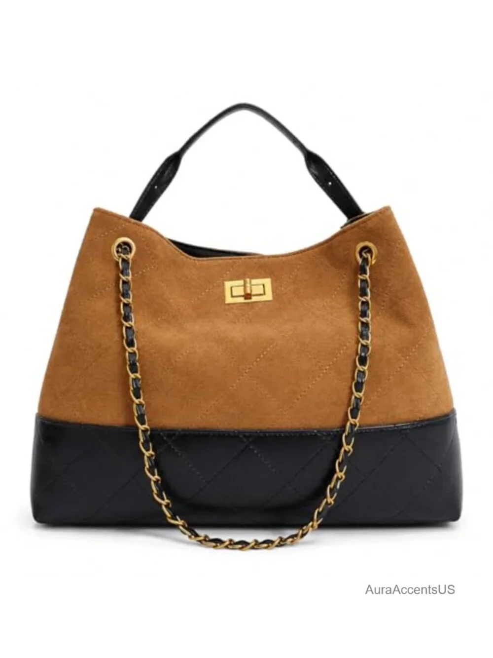 Quilted Two-Tone Tote Bag Faux Suede Leather Purse Shoulder Handbag with Chain